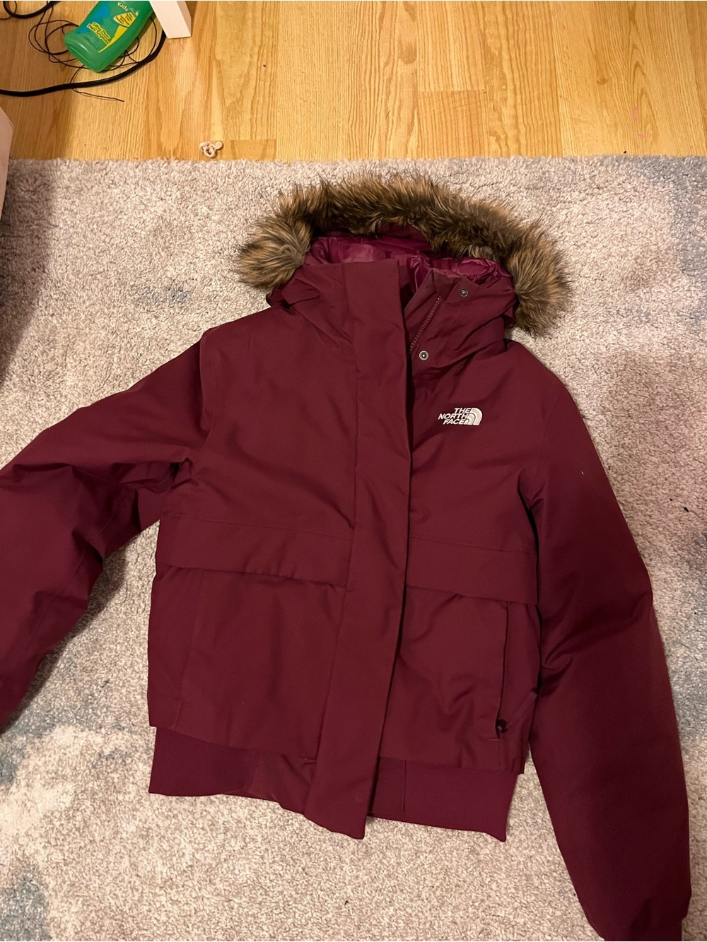 The North Face Women's Maroon Hooded Puffer with Faux-Fur Trim